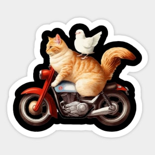 cat and chicken riding motorcycle Sticker